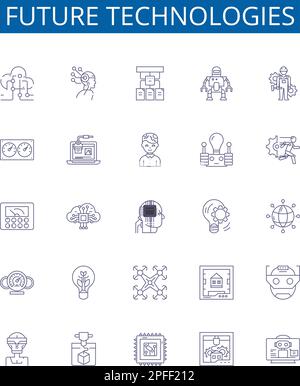 Zukunftstechnologien Symbole Zeichen gesetzt. Designkollektion von Künstlichen, Intelligenz, Robotik, Quantum, Computing, Blockchain, Erweitert, Realität Stock Vektor