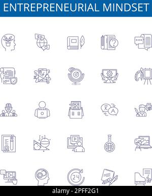 Symbolzeichen für unternehmerische Denkweise gesetzt. Design-Sammlung von Unternehmergeist, Denkweise, Vision, Risikobereitschaft, motiviert, Antrieb, Kreativität, Erfolg Stock Vektor