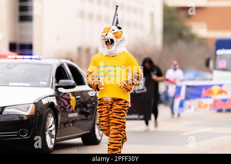 Laredo, Texas, USA - 19. Februar 2022: Die Geburtstagsparade von Anheuser-Busch Washington, Audi Car und das Tiger Maskottchen sind Teil des No Limit Car Clubs Stockfoto