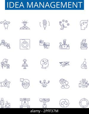 Symbole für Ideenmanagement-Linien sind festgelegt. Entwurfssammlung von Konzeptualisierung, Brainstorming, Innovation, Priorisierung, Kategorisierung, Ausführung Stock Vektor
