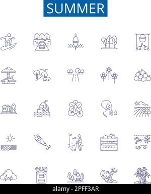 Summer Line Icons-Schilder sind eingerichtet. Design Kollektion von Sonne, Hitze, Urlaub, Pool, Strand, Barbecue, Insekten, Zitrus-Kontur-Konzept-Vektordarstellungen Stock Vektor
