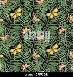 Tropische Pflanzen mit nahtlosem Muster und Schmetterlingsfarben, isoliert auf weißem Hintergrund. Wasserfarben handgezeichnete botanische Darstellung für Designverpackungen Stockfoto