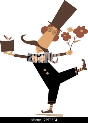 Mann mit Hut, Blumen und ein Geschenk. Cartoon-Mann im Hut mit erhobenen Händen, mit Blumen und einer Geschenkbox. Isoliert auf weißem Hintergrund Stock Vektor
