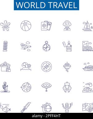 Symbole für Weltreise Zeichen eingestellt. Designkollektion von Voyage, Tour, Expedition, Journey, Exploring, Trek, Roam, Sightseeing Konturkonzept-Vektor Stock Vektor