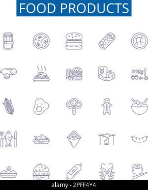Symbole der Lebensmittellinie sind eingestellt. Design-Sammlung von Produkten, Fleisch, Milchprodukten, Lebensmitteln, Konserven, Gefrorene, gebackene, Süßwaren Konturkonzept-Vektor Stock Vektor