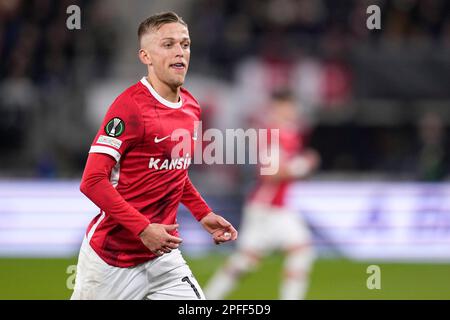 ALKMAAR, NIEDERLANDE - MÄRZ 16: Jesper Karlsson von AZ Alkmaar während der Runde der 16. Etappe 2 - Spiel der UEFA Europa Conference League zwischen AZ Alkmaar und SS Lazio im AZ-Stadion am 16. März 2023 in Alkmaar, Niederlande (Foto von Patrick Goosen/Orange Pictures) Stockfoto