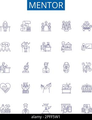 Symbole für Mentor-Linien sind eingerichtet. Design-Sammlung von Mentor, Anleitung, Beratung, Erfahrung, Wissen, Weisheit, Unterstützung, Ermutigung, Grundkonzept Stock Vektor