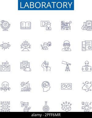 Symbole für Laborlinien sind eingestellt. Design-Sammlung von Labor, Forschung, Test, Experiment, Experimentieren, Analyse, Chemie, Assay-Konzept Stock Vektor