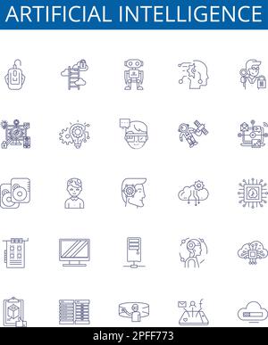 Linienzeichen für künstliche Intelligenz eingestellt. Designsammlung aus KI, Robotik, maschinellem Lernen, Automatisierung, Algorithmen, Berechnung, Natürlich Stock Vektor