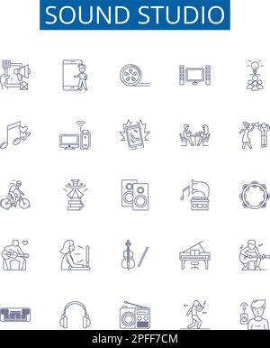 Symbole für Tonstudio-Linien eingestellt. Designkollektion aus Aufnahme, Mixen, Musik, SoundStage, Mikrofon, Entwurf für Producer, Audio, Rundfunk Stock Vektor