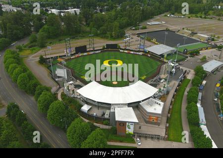 Eine allgemeine Gesamtansicht des PK Park auf dem Campus der University of Oregon, Donnerstag, 9. Juni 2022, in Eugene, Erz. Das Stadion ist das Heimstadion der Oregon Ducks Baseball. Stockfoto