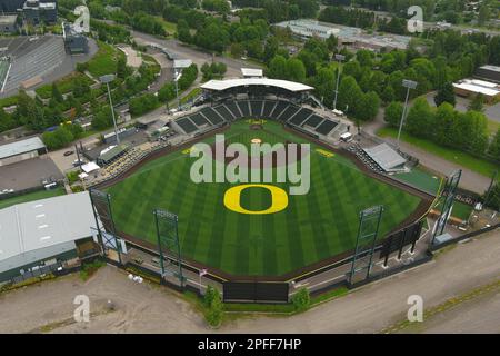 Eine allgemeine Gesamtansicht des PK Park auf dem Campus der University of Oregon, Donnerstag, 9. Juni 2022, in Eugene, Erz. Das Stadion ist das Heimstadion der Oregon Ducks Baseball. Stockfoto
