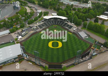 Eine allgemeine Gesamtansicht des PK Park auf dem Campus der University of Oregon, Donnerstag, 9. Juni 2022, in Eugene, Erz. Das Stadion ist das Heimstadion der Oregon Ducks Baseball. Stockfoto