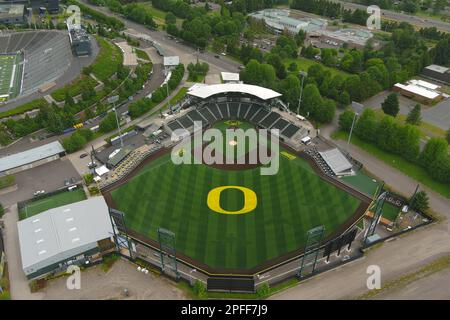 Eine allgemeine Gesamtansicht des PK Park auf dem Campus der University of Oregon, Donnerstag, 9. Juni 2022, in Eugene, Erz. Das Stadion ist das Heimstadion der Oregon Ducks Baseball. Stockfoto