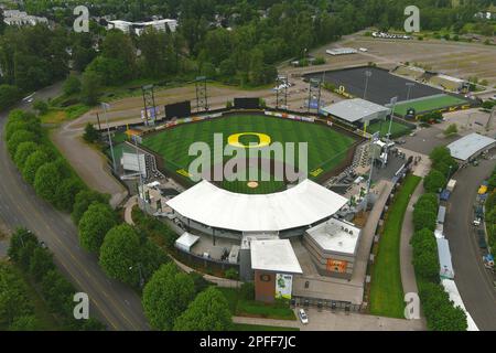 Eine allgemeine Gesamtansicht des PK Park auf dem Campus der University of Oregon, Donnerstag, 9. Juni 2022, in Eugene, Erz. Das Stadion ist das Heimstadion der Oregon Ducks Baseball. Stockfoto