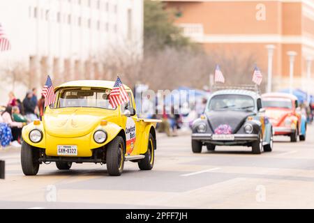 Laredo, Texas, USA - 19. Februar 2022: The Anheuser-Busch Washingtons Geburtstagsparade, Classic Vehicle Volkswagen Beetle Stockfoto