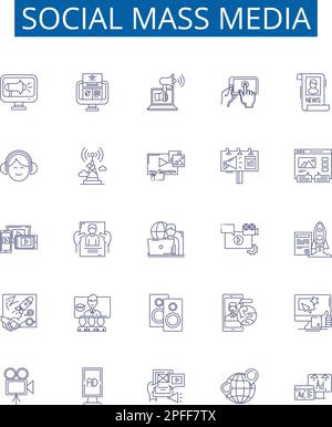 Symbole für Social-Mass-Media-Linien sind gesetzt. Design-Sammlung von Social, Media, Mass, Network, Platform, Leitlinienkonzept „Digital“, „Sharing“ und „Connecting“ Stock Vektor