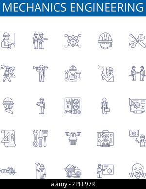 Symbole für die Maschinenbaulinie sind gesetzt. Konstruktionssammlung aus Mechanik, Technik, Kinematik, Dynamik, Vibrationen, Kraft, Drehmoment, Maschinen Stock Vektor