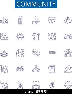 Symbole für die Community-Linie sind eingerichtet. Design-Sammlung von Gesellschaft, Gemeinschaft, Netzwerk, Clan, Gemeinde, Gruppe, Allianz, Stamm, Konturenkonzept-Vektor Stock Vektor