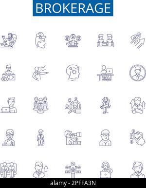 Symbole für Brokerage-Position - Zeichen festgelegt. Designsammlung von Maklerei, Handel, Makler, Firmen, Wertpapieren, Anleihen, Aktien, Futures umreißen den Konzeptvektor Stock Vektor