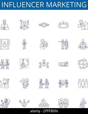 Symbole für Influencer-Marketinglinien sind gesetzt. Design-Sammlung von Influenencern, Marketing, Social, Medien, Inhalt, Plattformen, Interaktion, Strategie Stock Vektor