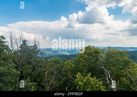 Blick vom Vysoky Ostry Hügel in den Cesks stredohori Bergen in der Nähe der Stadt Usti nad Labem in der tschechischen republik an einem wunderschönen Sommertag Stockfoto