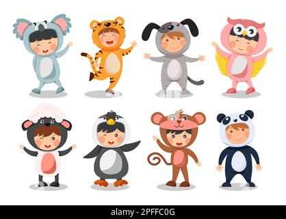 Eine Gruppe glücklicher Kinder trägt Tierkostüme. Koalabär Tigerhund Eulenschaf Pinguin Affenpanda. Flaches Cartoon-Design . Vector . Stock Vektor