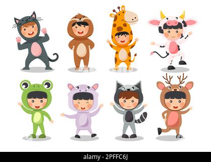 Eine Gruppe glücklicher Kinder trägt Tierkostüme. Katzenfaulbär Giraffe Kuhfrosch Hippopotamus Raccoon Deer . Flaches Cartoon-Design . Vektor Stock Vektor