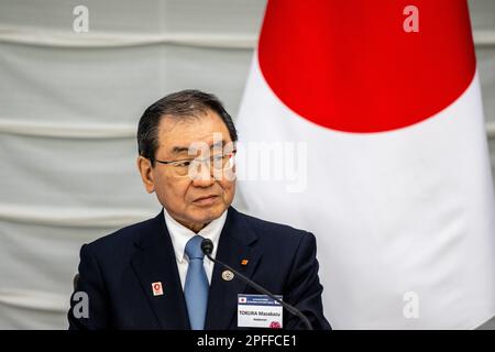 Tokio, Japan. 17. März 2023. Masakazu Tokura, Vorsitzender von Keidanen, Japan Business Federation, nimmt an einem Treffen mit südkoreanischen Geschäftsführern am 17. März 2023 in Tokio Teil. (Credit Image: © POOL via ZUMA Press Wire) NUR REDAKTIONELLE VERWENDUNG! Nicht für den kommerziellen GEBRAUCH! Stockfoto