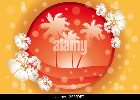 Retro-Darstellung von Palmen, Wellen, Hibiskusblumen und Seifenblasen in warmen Orange- und Gelbtönen Stockfoto