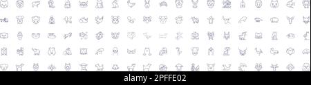 Niedliche Tierlinien Symbole Zeichen Set. Design-Kollektion aus Fell, Kätzchen, Welpen, Fluffy, Hündchen, Knuddle, Bär, Bunny Kontur Konzept-Vektordarstellungen Stock Vektor