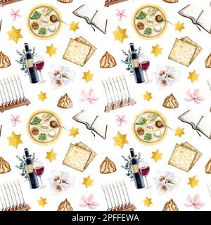 Aquarell Passover Symbole nahtloses Muster mit Frühlingsblumen, Rotwein, Kerzenhalter, Matzah, Davidsternen auf weißem Hintergrund Stockfoto