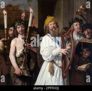 David spielte die Harfe vor der Arche, malte in Öl auf Leinwand von Jan de Bray, 1670 Stockfoto