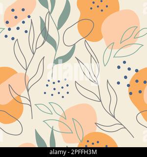 Künstlerisches nahtloses Muster mit abstrakten Blättern, Konturen und Punkten in sanften Pastellfarben. Vektordarstellung endloser Hintergrund. Modernes, trendiges Design für Stock Vektor