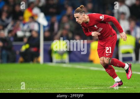 Kostas Tsimikas vom FC Liverpool während des UEFA Champions League-Spiels spielte am 15. März 2023 im Stadion Santiago Bernabeu in Madrid, Spanien, die 16. Runde mit 2. Teilstrecke zwischen Real Madrid und dem FC Liverpool. (Foto: Colas Buera / PRESSIN) Stockfoto