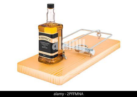 Whiskey-Flasche in der Mausefalle. 3D-Rendering auf weißem Hintergrund isoliert Stockfoto