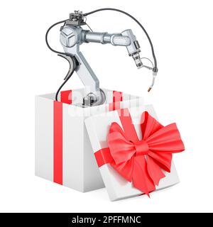 Roboterschweißen in Geschenkbox, Präsentenkonzept. 3D-Rendering auf weißem Hintergrund isoliert Stockfoto