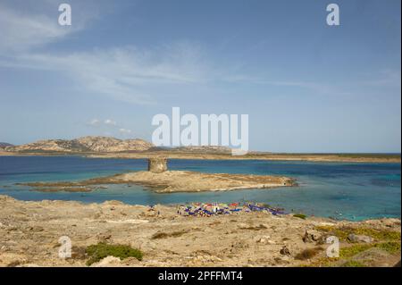 2022. Juni 06 – Italien, Sardinien, Sassari, Stintino, Spiaggia della Pelosa mit Blick auf Torre della Pelosa auf der Isola Piana. im Hintergrund die isl Stockfoto