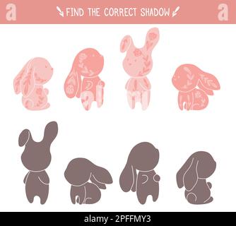 Vektorvorlage für das Osterspiel für Vorschulkinder. Kindlicher Lernspaß. Finde die richtige schwarze Silhouette für niedliche Kaninchen. Arbeitsblatt Stock Vektor