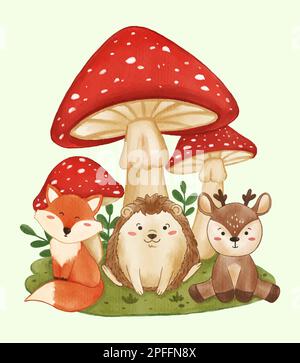 Riesenpilze mit Wildtieren, Igel und Hirsche. Realistische Aquarellfarbe mit Papierstruktur. Zeichentrickfigur. Vector . Stock Vektor