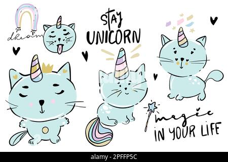 Vektordarstellung eines süßen weißen Einhorn- oder Caticorn Life-Aktivitätsplaners, einschließlich Arbeiten, Einkaufen, Kochen, Fahren, Training, Usw. Stock Vektor