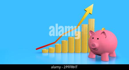 Pinkfarbene Sparschweine aus Keramik, die neben goldenen Münzsäulen steht und ein Diagramm des Wirtschaftswachstums mit Pfeil nach oben vor blauem Hintergrund bildet. Bild mit Kopie sp Stockfoto