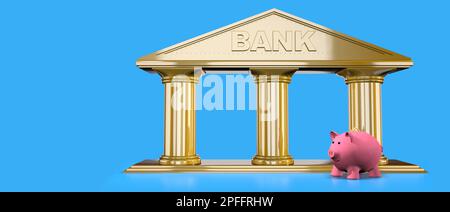 Vorderansicht eines pinkfarbenen Schweinebands aus Keramik auf einem reflektierenden goldfarbenen strukturierten Banksymbol vor blauem Hintergrund. Bild mit Kopierbereich. 3D Abbildung Stockfoto