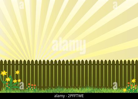 Holzzaun mit Gras und Blumen mit gelbem Sonnenstrahl Stock Vektor