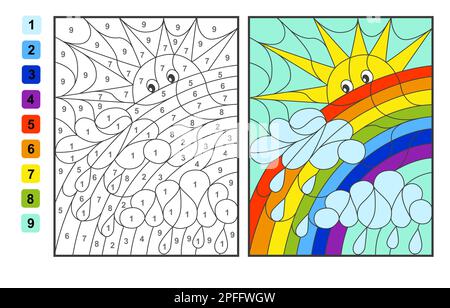 Farbe nach Zahlen Regenbogen und Wolken. Puzzle-Spiel für Kinder Bildung, Farben für das Zeichnen und Lernen Mathematik Stock Vektor