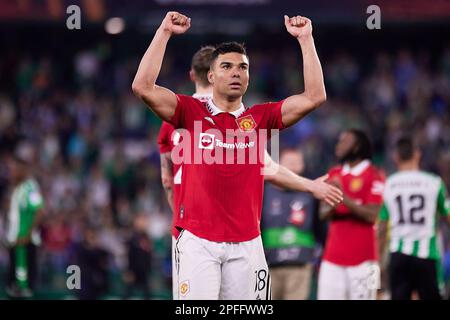 Sevilla, Spanien. 16. März 2023. Casemiro (18) von Manchester United nach dem Spiel der UEFA Europa League zwischen Real Betis und Manchester United im Estadio Benito Villaarin in Sevilla. (Foto: Gonzales Photo/Alamy Live News Stockfoto