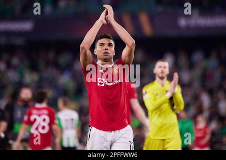 Sevilla, Spanien. 16. März 2023. Casemiro (18) von Manchester United nach dem Spiel der UEFA Europa League zwischen Real Betis und Manchester United im Estadio Benito Villaarin in Sevilla. (Foto: Gonzales Photo/Alamy Live News Stockfoto