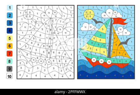 Farbe nach Zahlen Sommerurlaub. Puzzle-Spiel für Kinder Bildung, Farben für das Zeichnen und Lernen Mathematik Stock Vektor