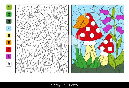 Vektorfarbseite Farbe nach Zahlen Amanita-Pilze. Puzzlespiel für Kindererziehung und Aktivitäten Stock Vektor