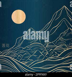 Skizze einer Berglandschaft und eines Mondes mit dünnen, anmutigen Linien. Lineare Berge auf blauem Hintergrund. Stock Vektor